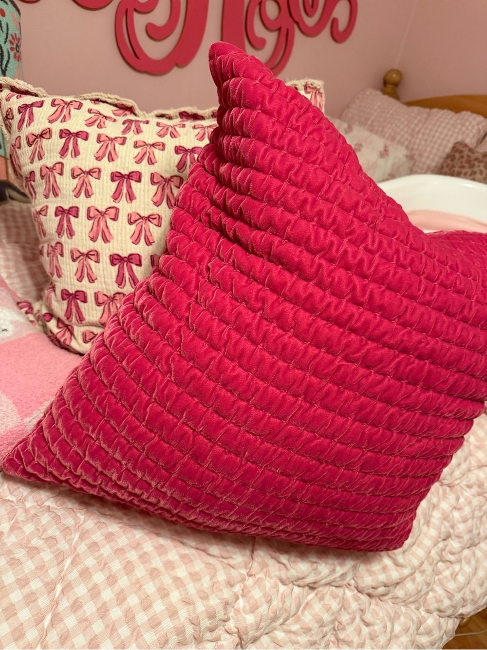 Plush Hot Pink Velvet and bow Decorative Pillow SET!!
